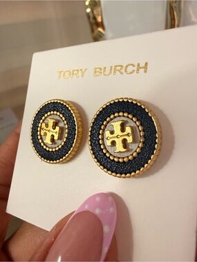 Tory Burch Black and Gold Round Logo Button Earrings
